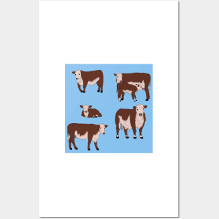 Hereford Cattle Pattern Blue Posters and Art